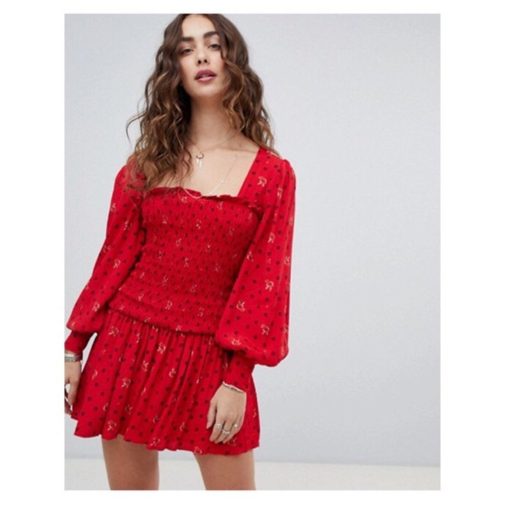 Free People Red Two Faces Ruched Waist Mini